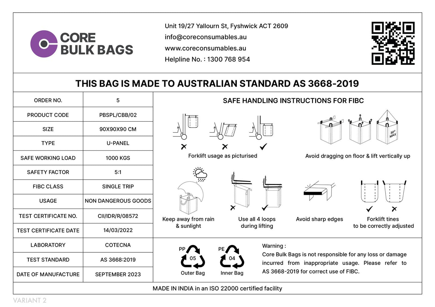 1.0 Ton OPEN TOP CLOSED BOTTOM BULK BAG - 90 x 90 x 90 CM