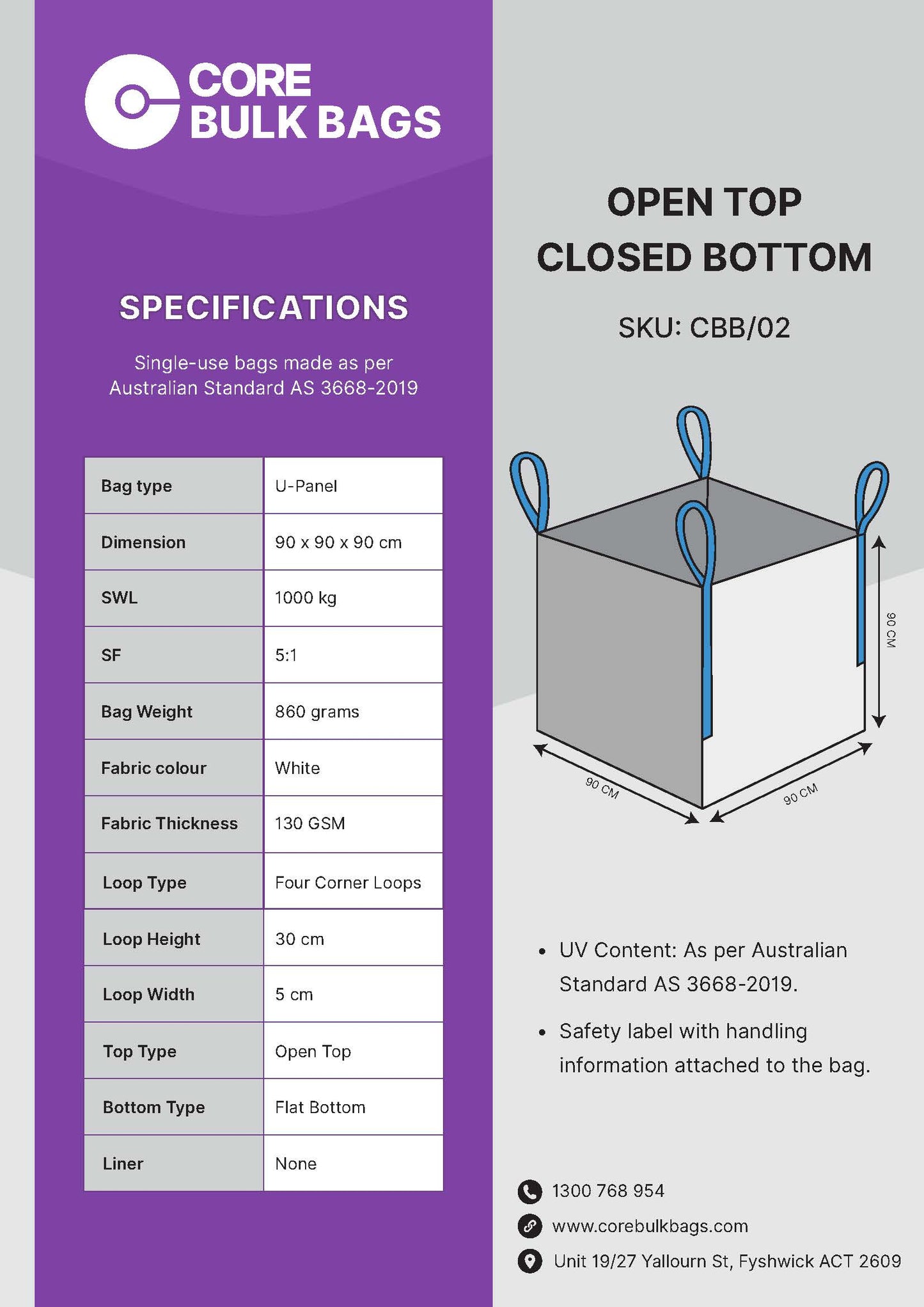 1.0 Ton OPEN TOP CLOSED BOTTOM BULK BAG - 90 x 90 x 90 CM